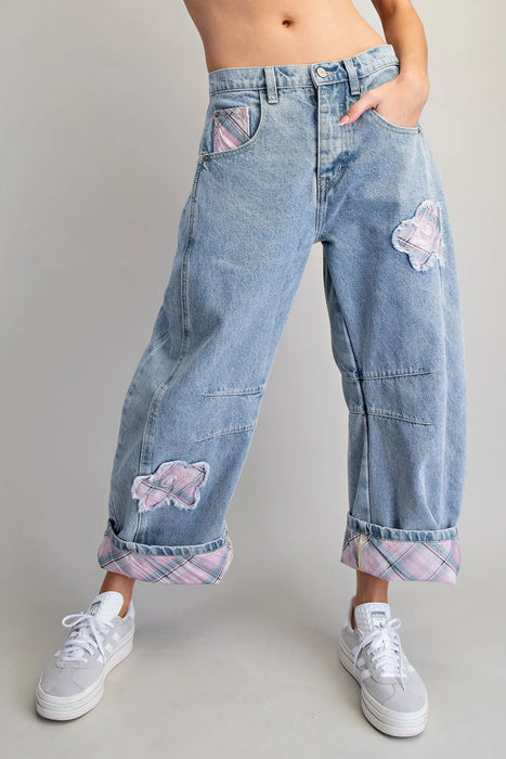 Floral Patch Plaid Barrel Jeans