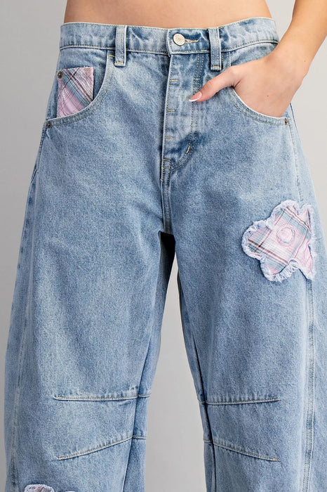 Floral Patch Plaid Barrel Jeans