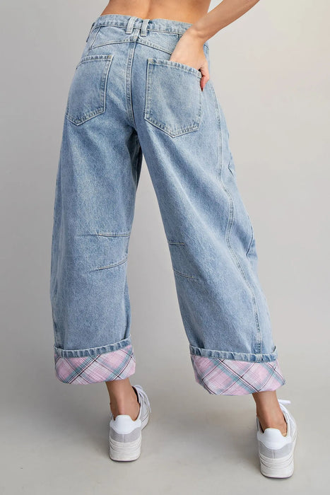 Floral Patch Plaid Barrel Jeans