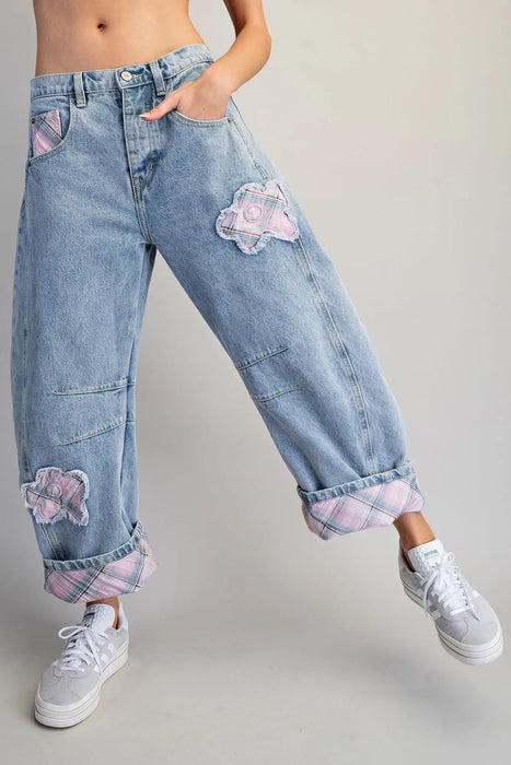 Floral Patch Plaid Barrel Jeans