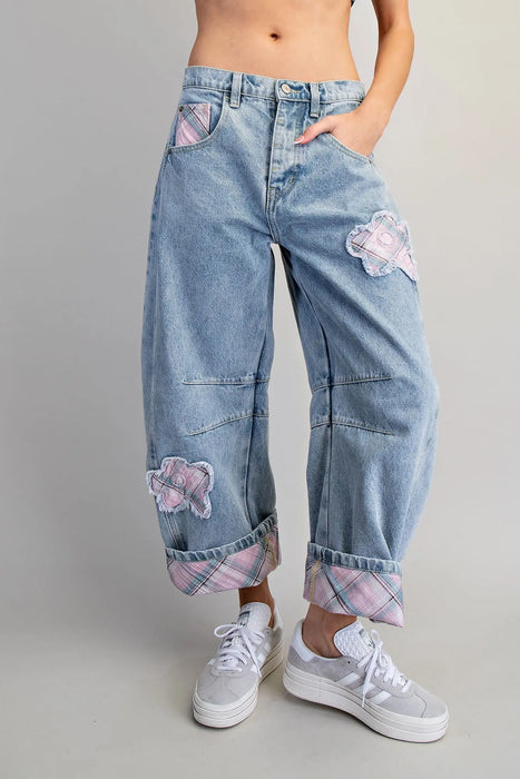 Floral Patch Plaid Barrel Jeans
