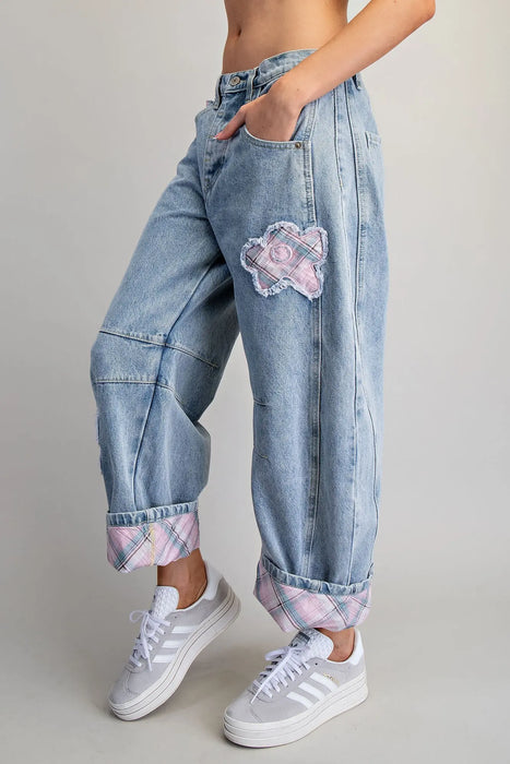 Floral Patch Plaid Barrel Jeans