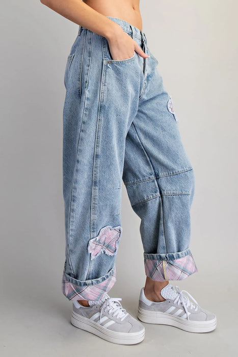 Floral Patch Plaid Barrel Jeans