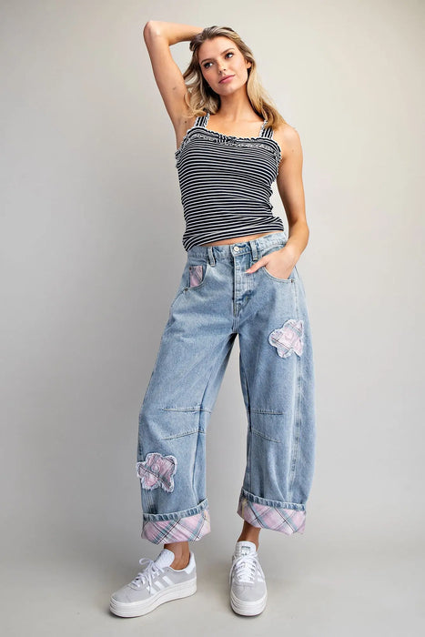Floral Patch Plaid Barrel Jeans