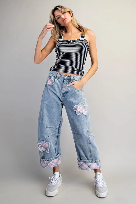 Floral Patch Plaid Barrel Jeans