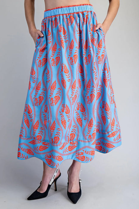 Leaf Print Scallop Hem Maxi Skirt