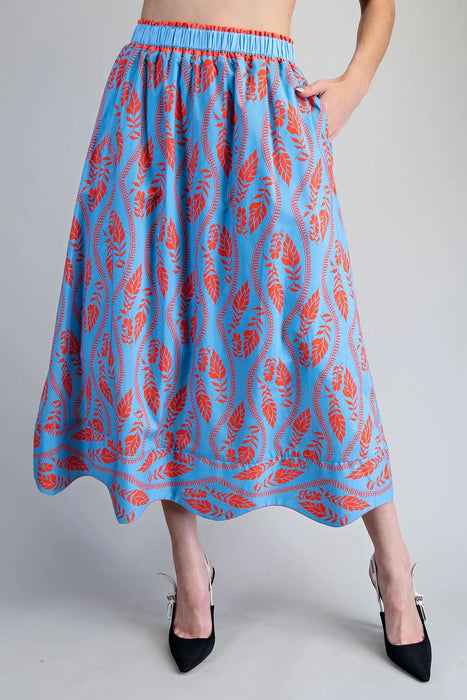 Leaf Print Scallop Hem Maxi Skirt