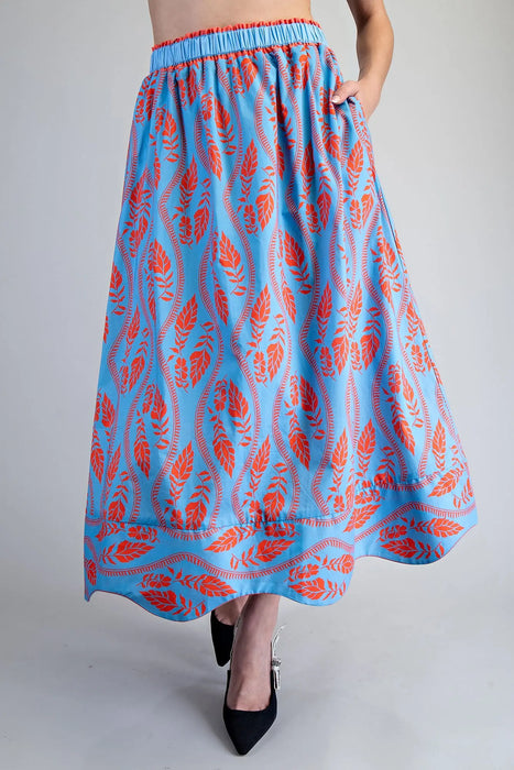 Leaf Print Scallop Hem Maxi Skirt