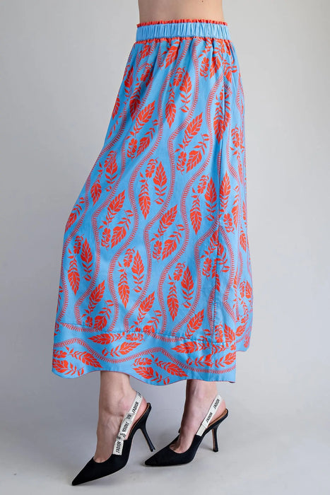Leaf Print Scallop Hem Maxi Skirt