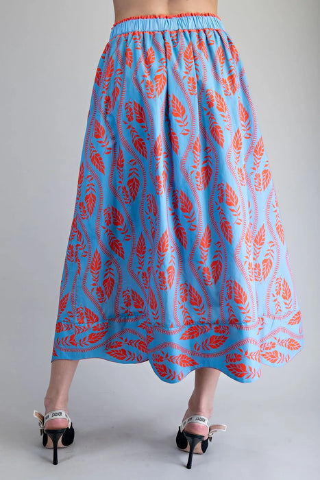 Leaf Print Scallop Hem Maxi Skirt