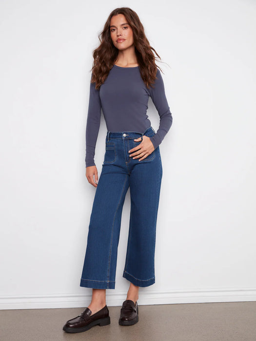 Cropped Patch Pocket Flare Pants INDIGO