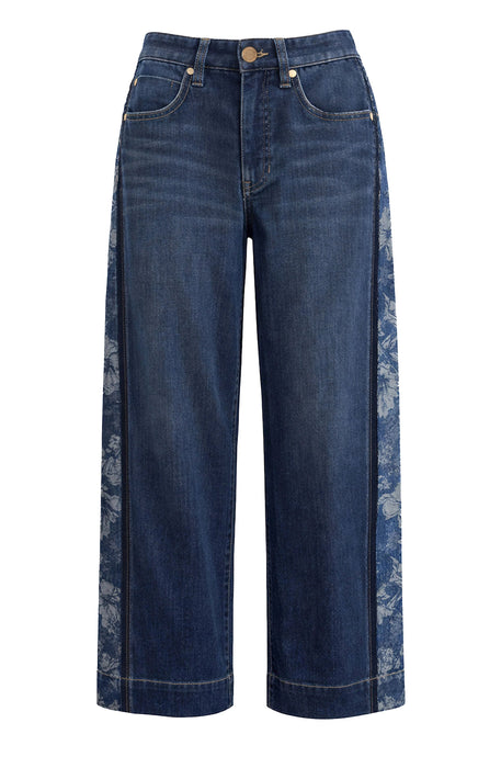 Dark Denim Floral Side Panel Wide Leg