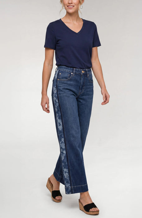 Dark Denim Floral Side Panel Wide Leg