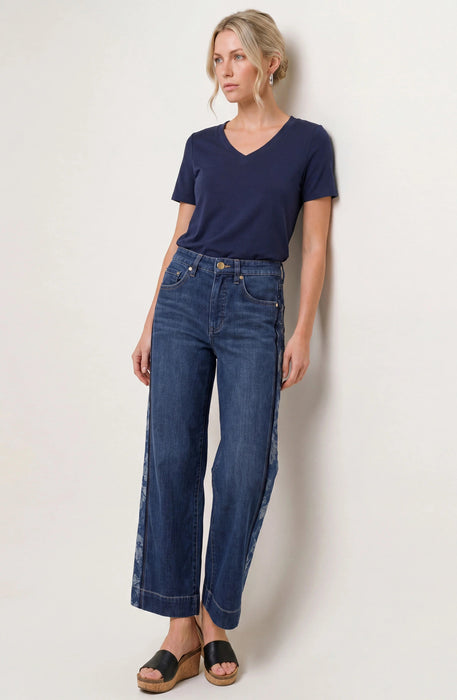 Dark Denim Floral Side Panel Wide Leg
