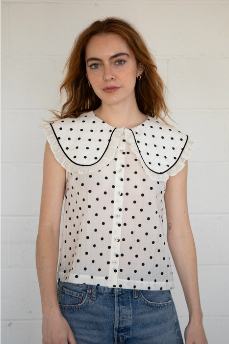 Polka Dot Ruffle Collar Top