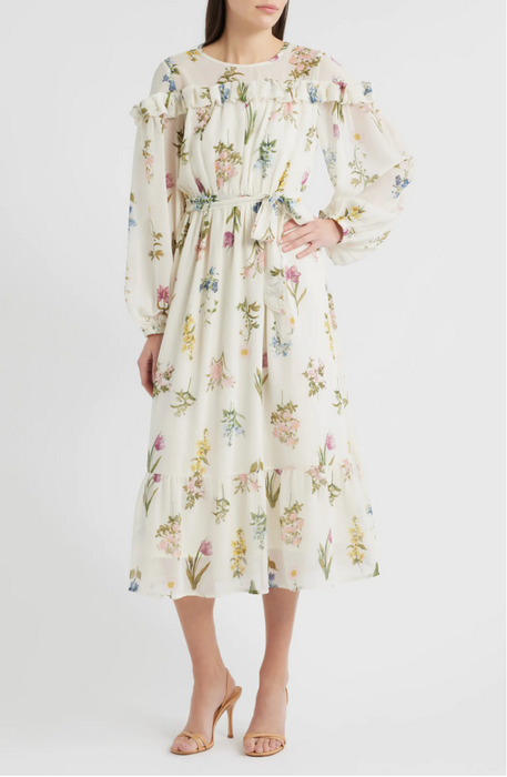 Floral Chiffon Ruffle Sleeve Dress