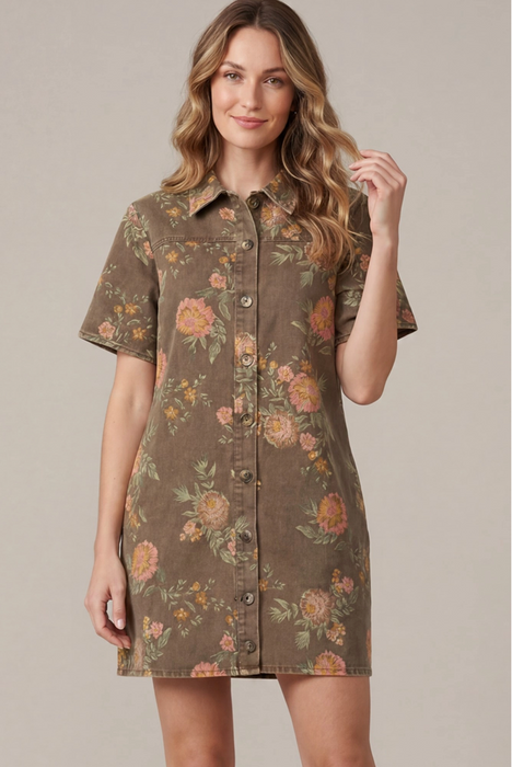 Floral Print Denim Collared Dress