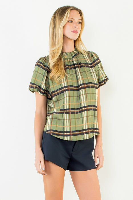 Ruffled Neck Plaid Top