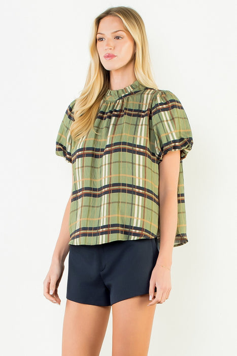 Ruffled Neck Plaid Top