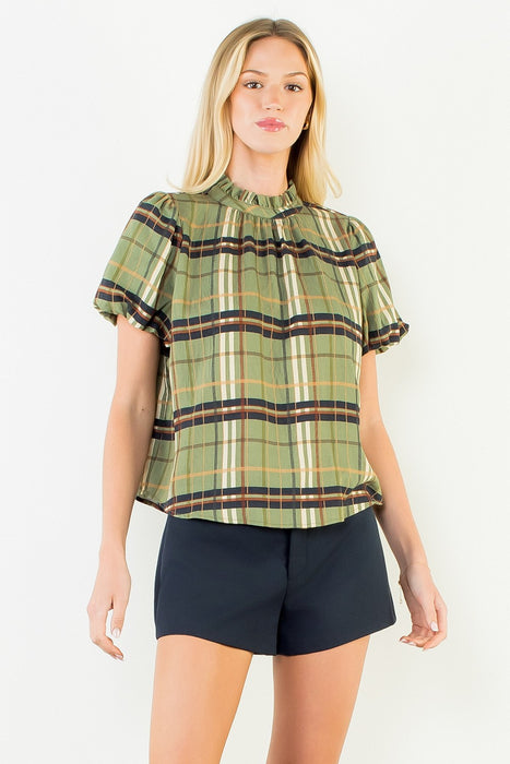 Ruffled Neck Plaid Top