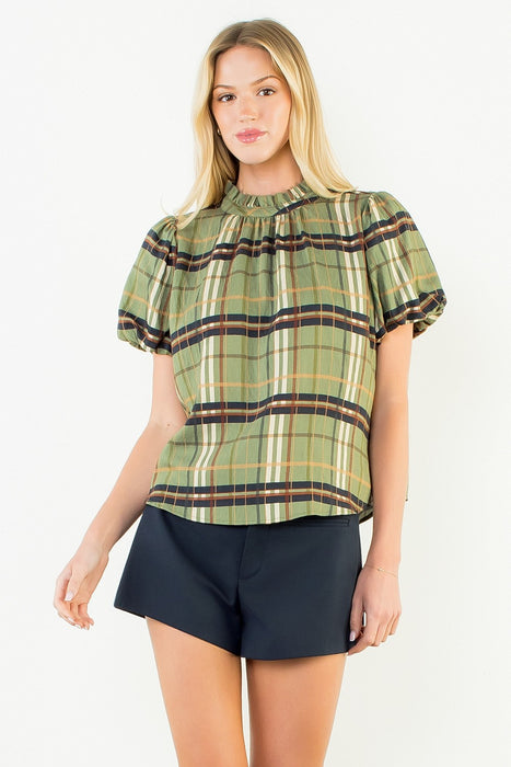 Ruffled Neck Plaid Top