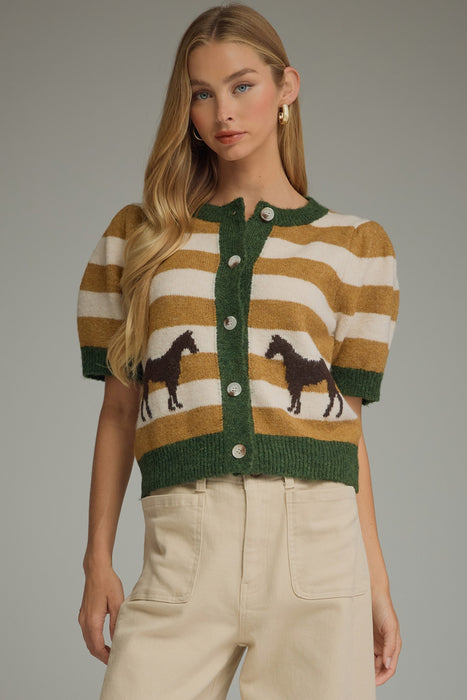 Short Sleeve Stripe Horse Cardigan