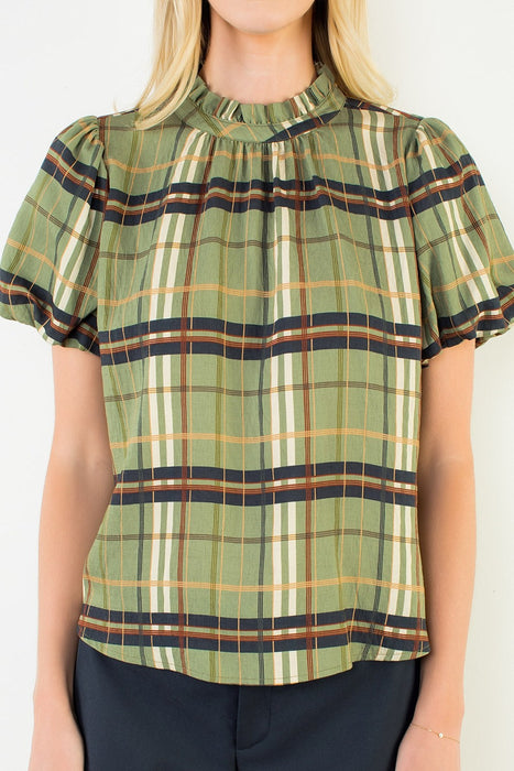 Ruffled Neck Plaid Top