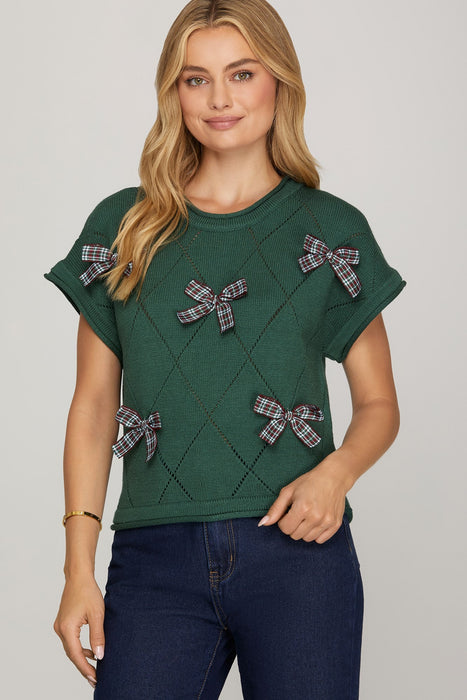 Drop Short Sleeve Checked Bow Sweater