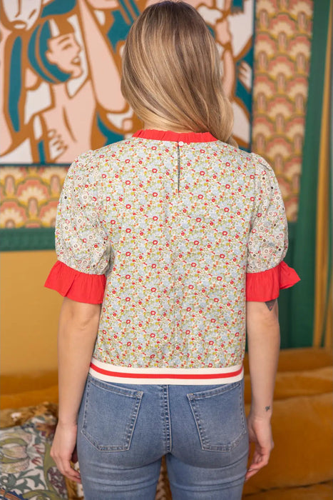 Contrast Ruffle Floral Embroidered Top