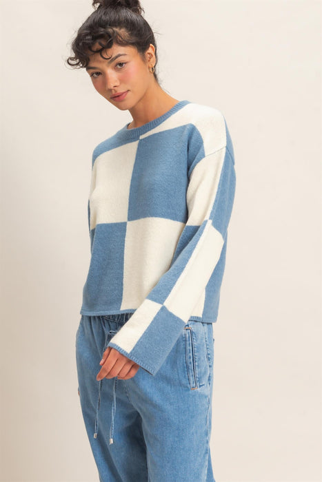 Crew Neck Checkered Sweater