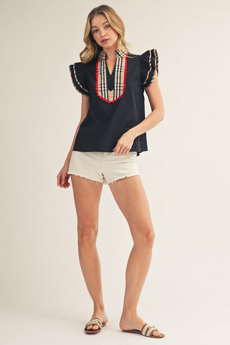 Plaid Collar Blouse with Scalloped Detail