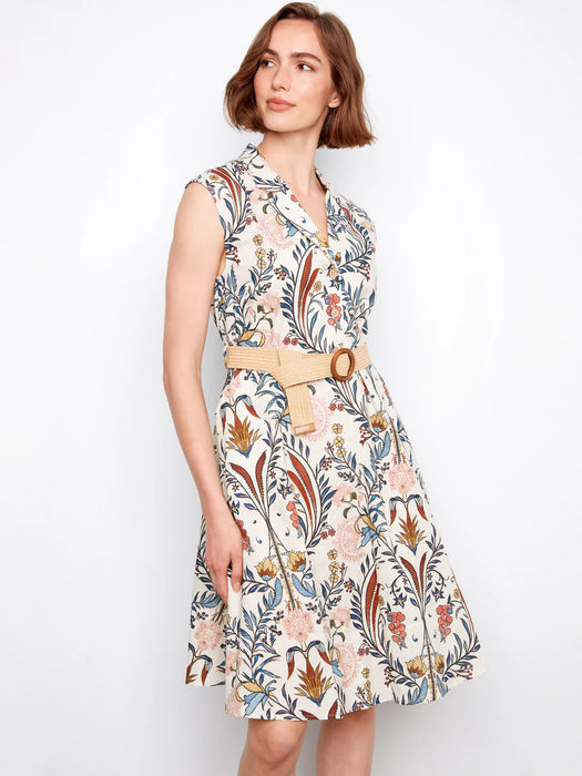 Linen Cap Sleeve Dress with Straw Belt