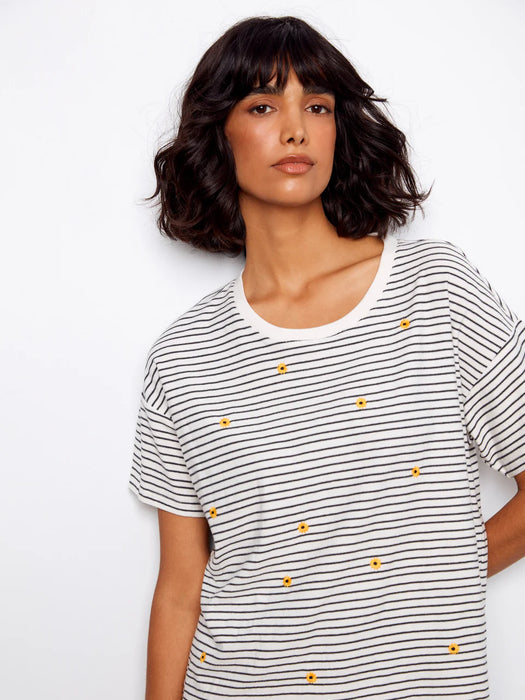 Stripe Shirt with Embroidered Daisy