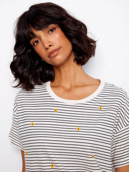 Stripe Shirt with Embroidered Daisy