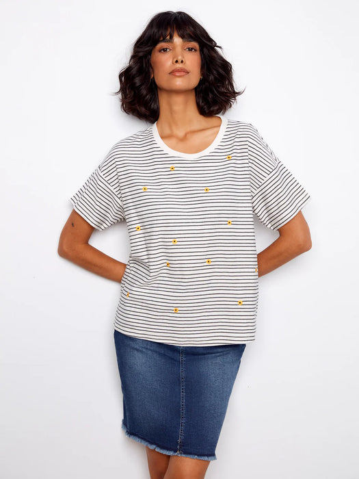 Stripe Shirt with Embroidered Daisy
