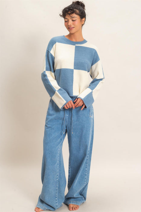 Crew Neck Checkered Sweater