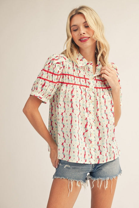Smocked Flower Print Blouse