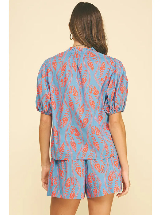 Botanical Print Ruffle Neck Short Sleeve