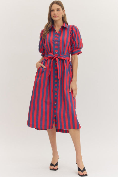 Stripe Puff Sleeve Button Down Dress