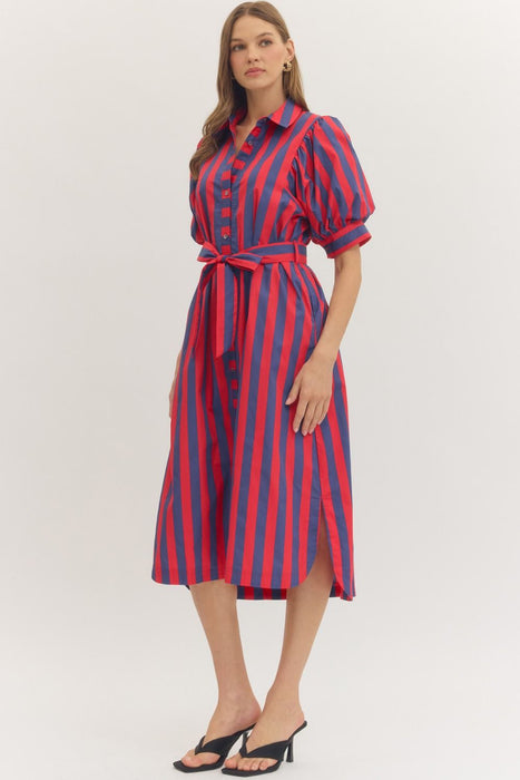 Stripe Puff Sleeve Button Down Dress