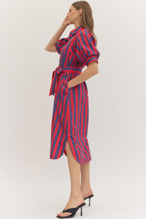 Stripe Puff Sleeve Button Down Dress