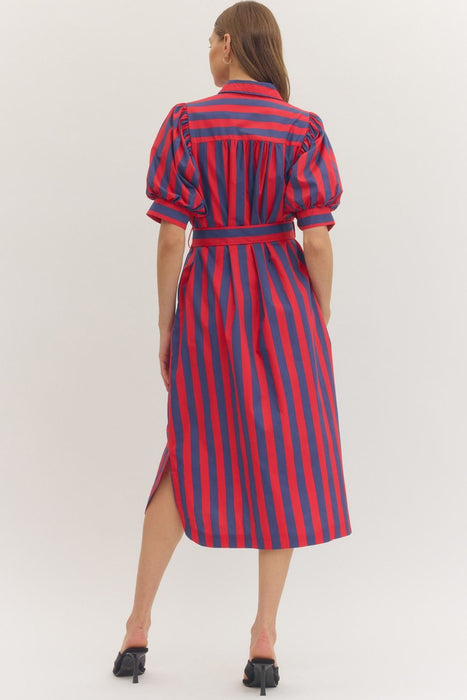 Stripe Puff Sleeve Button Down Dress