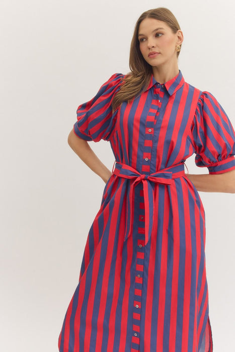 Stripe Puff Sleeve Button Down Dress
