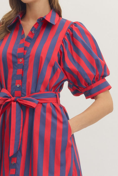 Stripe Puff Sleeve Button Down Dress
