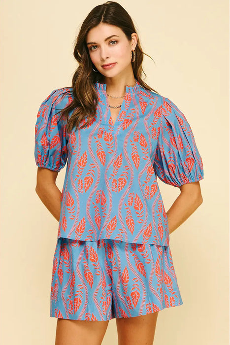 Botanical Print Ruffle Neck Short Sleeve