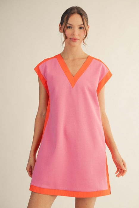 Contrast Edge V-Neck Mini Dress