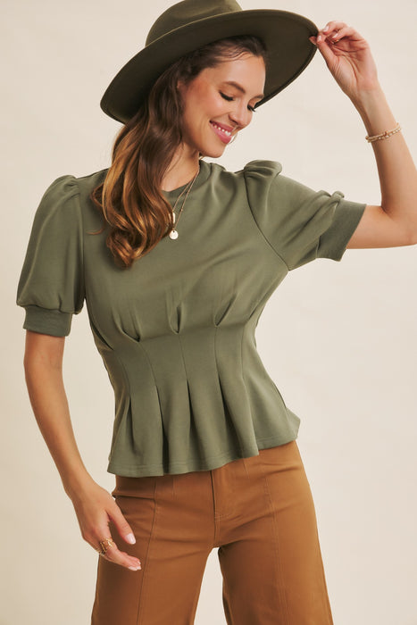 Pleated Waist Puff Sleeve Top