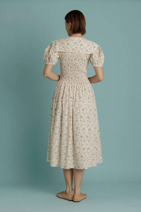 Smocked Midi Dress Oversized Collar