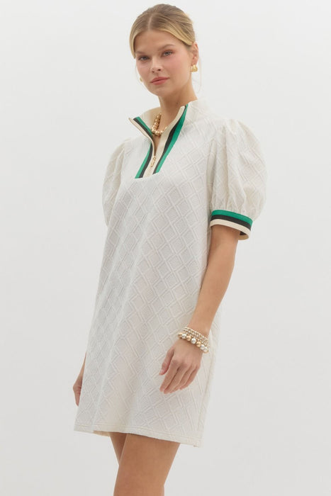 Textured zip stripe collar dress cream