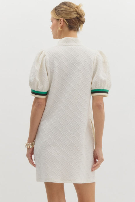 Textured zip stripe collar dress cream